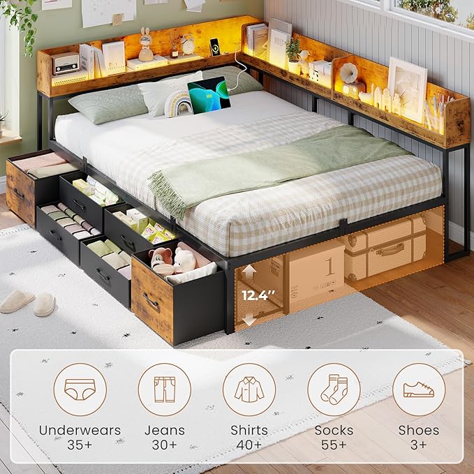 VIAGDO Corner Bed Frame Full with Storage Bookcase and 6 Drawers, Metal Platform Corner Bed Frame with LED Lights and Charging Station, Full Daybed for Kids Teenagers, Rustic Brown & Black