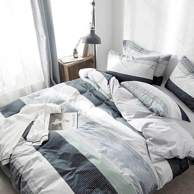 VM VOUGEMARKET Stripes Duvet Cover Set Twin,Blue Green Striped Duvet Cover with 2 Pillowcases for Teens,100% Cotton Modern Cozy Comforter Cover with Zipper Closure & Corner Ties 68"x90"(3pcs,Twin XL)