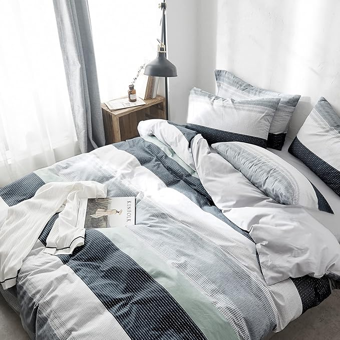 VM VOUGEMARKET Stripes Duvet Cover Set Twin,Blue Green Striped Duvet Cover with 2 Pillowcases for Teens,100% Cotton Modern Cozy Comforter Cover with Zipper Closure & Corner Ties 68"x86"