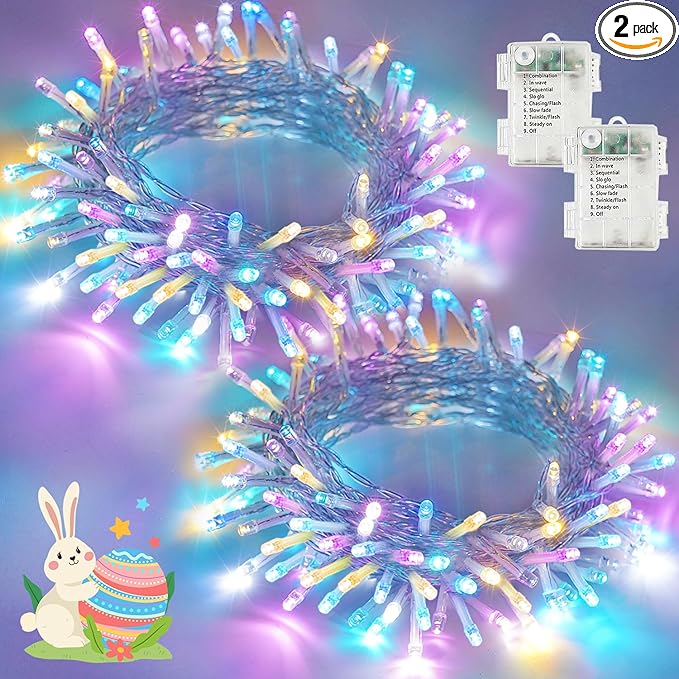 Easter Lights Battery Operated Fairy Lights, 2 Pack 33FT 100LED Multicolor easter String Lights, 8 Modes Waterproof Pastel Light Indoor Outdoor, Twinkle Lights for Room Garden Party Easter Decorations