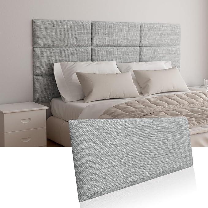Upholstered Wall Mounted Headboard, Acoustic Panel, Peel and Stick Wall Padding, Light Grey Dorm Towel Fabric, 6-Pack