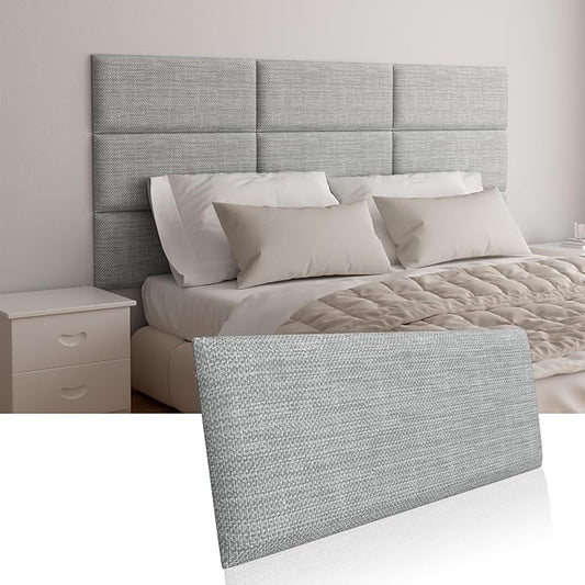 Upholstered Wall Mounted Headboard for King in Light Grey, Peel and Stick Wall Padding Panel Terry Cloth, 12 Panels Sized 9.84" x 23.62"