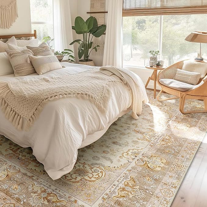 9'x12' Area Rugs Washable,Large Boho Rug for Living Room Bedroom Dining Room,Vintage Bohemian Distressed Oriental Carpet Non Slip,Retro Gold Floral