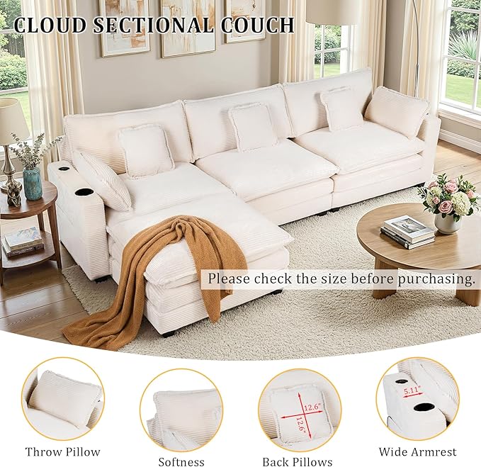 Gexpusm Modular Sectional Sofa,99" Couches for Living Room,Corduroy Sofa with Ottoman & Pillow,Cloud Sectional Couch with Cup Holders & USB,Side Pockets,3-Seat Corduroy Boneless Chair Indoor (Beige)