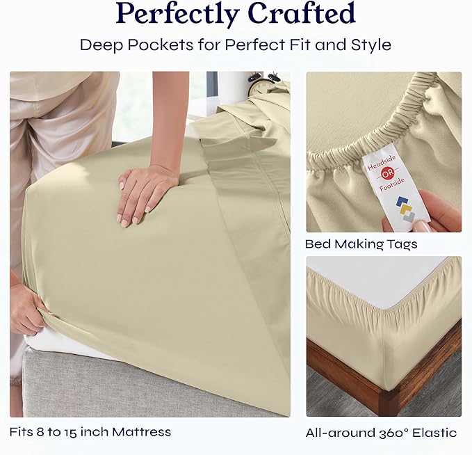 California Design Den Twin XL Sheet Sets - 400 Thread Count Sateen, 100% Cotton Bed Sheets, Deep Pockets, Soft & Breathable, and Durable Bedding Set - Beige (Golden Tone) CaliforniaDesignDen
