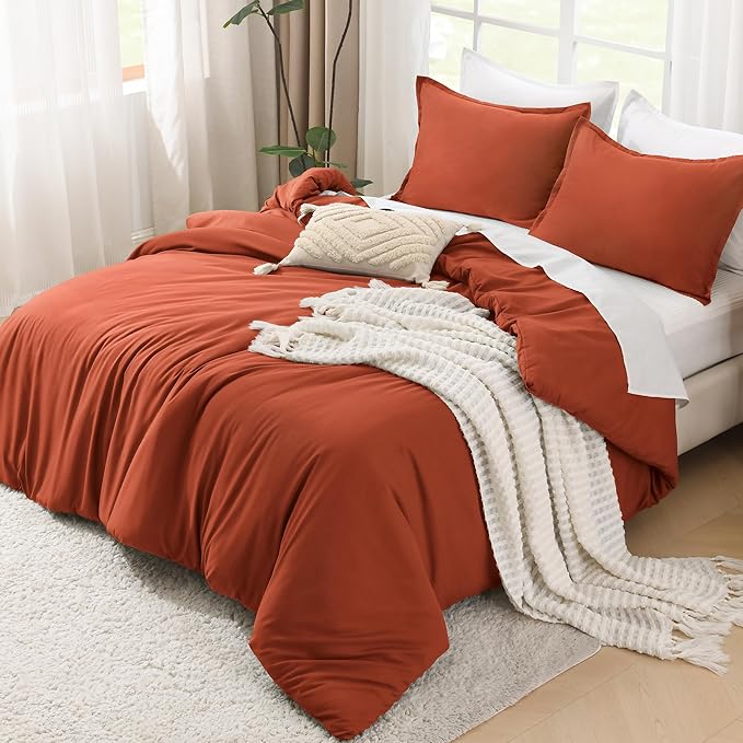 Litanika Comforter Set, Lightweight Solid Bedding Comforter Set, Fluffy Down Alternative Bed Set, Burnt Orange, Full