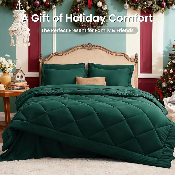 Love's cabin Full Comforter Set Dark Green, 7 Pieces Full Bed in a Bag, All Season Bedding Sets with 1 Comforter, 1 Flat Sheet, 1 Fitted Sheet, 2 Pillowcase and 2 Pillow Sham