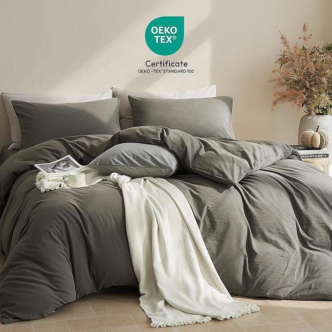 JELLYMONI Duvet Cover King Size - Washed Cotton Comforter Cover with Linen-Like Texture,Breathable & Soft Bedding for Modern Home,Guest Room and Everyday Use,Dark Grey 1 Duvet Cover & 2 Pillowcases