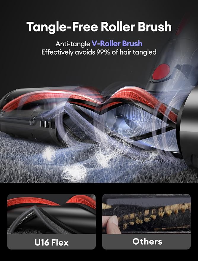 Ultenic Cordless Vacuum Cleaner, 550W/50Kpa, 60Mins Runtime, Stick Vacuum Cordless with 180°Bendable Wand, Anti-Tangle Brush, Vacuum Cleaners for Home/Pet Hair/Carpet/Floor (Red)