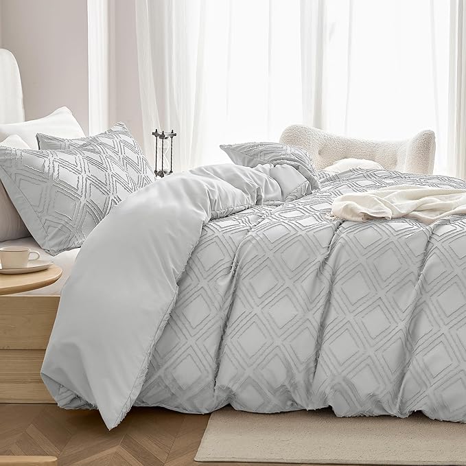 JELLYMONI Duvet Cover Queen Size Light Grey - 3PCS Boho Duvet Cover Set Plaid Polyester Tufted Bohemian Jacquard Knit Textured Comforter Cover 90×90in Rhombic Geometric Pattern Zipper Corner Tie