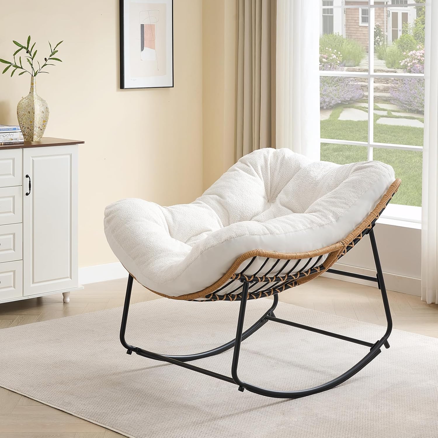 ONBRILL Outdoor Rocking Chairs, Oversized Papasan Rocking Chair Indoors with Padded Cushions, Rattan Wicker Lounge Chair for Living Room, Porch, Patio, Garden, White