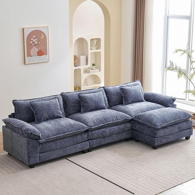 120" Modular Sectional Sofa, Comfy Cloud Couch Sectional Sofa with Ottoman, Chenille Sofa Sleeper Deep Seat Sofa with Throw Pillows for Living Room (Blue, 120"- L Shape)