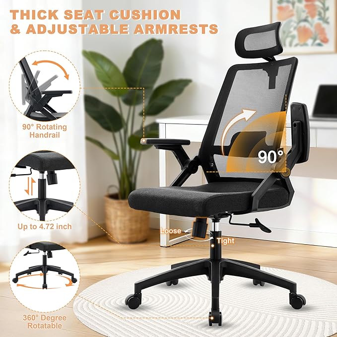 Office Chair ergonomically Designed with Breathable mesh backrest and Lumbar Support Adjustable Height Suitable for Offices Homes bedrooms Study Rooms (Black)