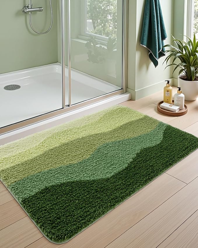 DEXI Bathroom Rugs Non Slip, 16x24 Washable Microfiber Bath Mat Quick Dry, Absorbent Ultra Soft Natural Mountains Bathmat for Shower Floor Tub Sink, Green