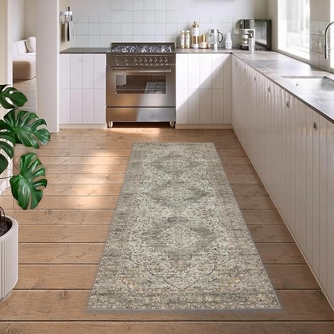 RCTJHOME 2'x6' Runner Rug for Hallway with 4 non-slip tapes, Machine Washable Kitchen Boho Runner Rug, Distressed Bedroom Beside Rug, Laundry Room, Farmhouse Entryway Mat, Distress Floral Forest Green