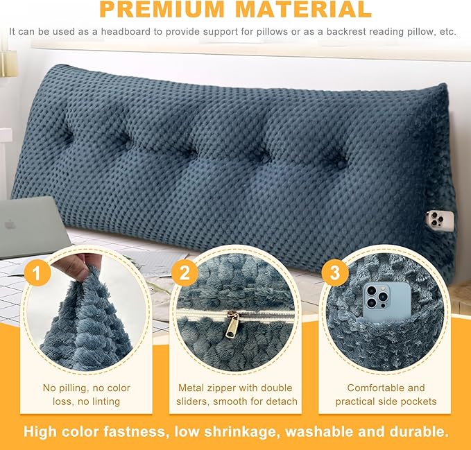 Large Triangular Headboard Wedge Pillow Soft and Supportive Headboard Backrest Positioning Support Bolster Cushion, Bed Wedge Pillow with Removable Cover(Dark Blue,King,76x8x20inch)