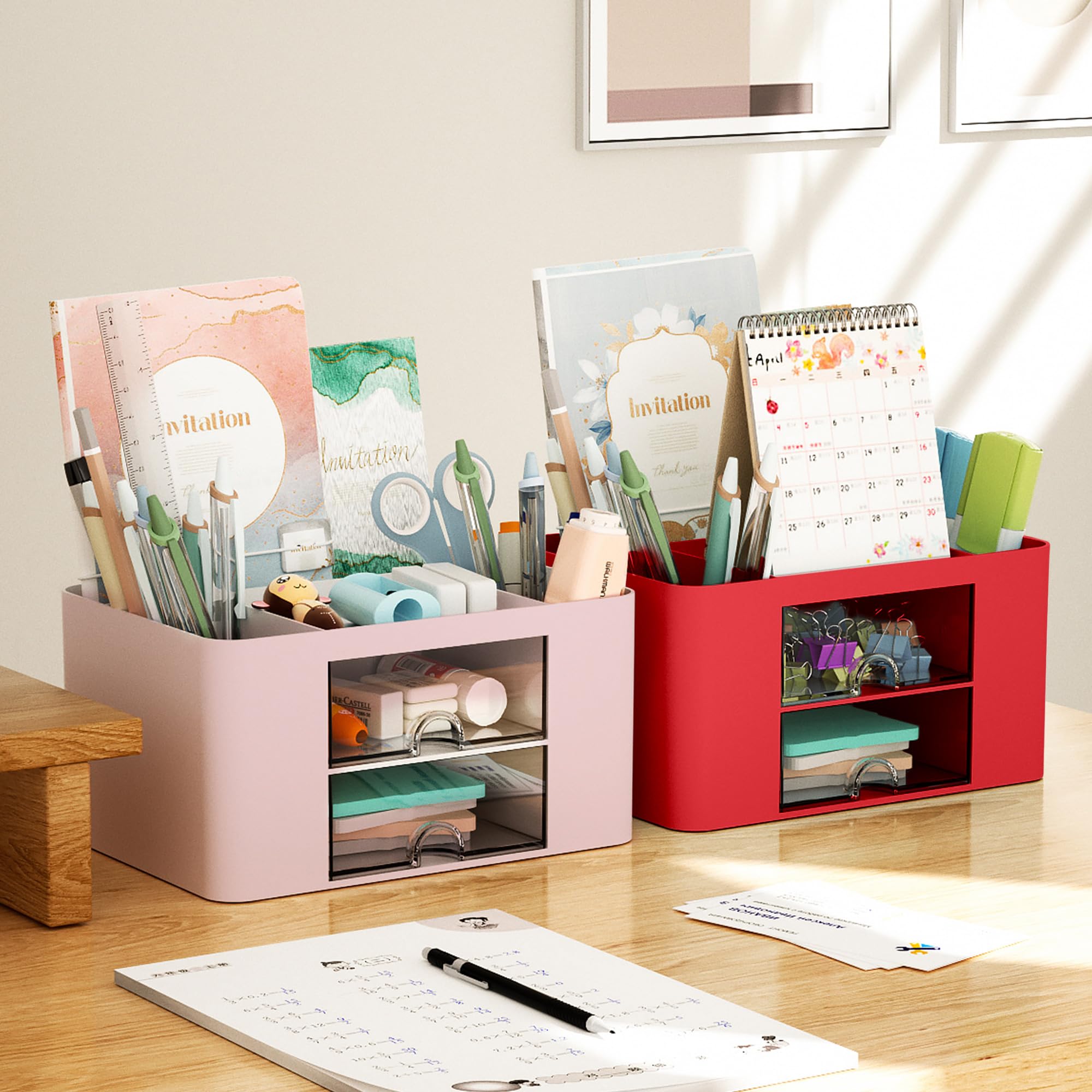 Marbrasse Pen Organizer with 2 Drawer, Multi-Functional Pencil Holder for Desk, Desk Organizers and Accessories with 5 Compartments + Drawer for Office Art Supplies (Blue) Dormly