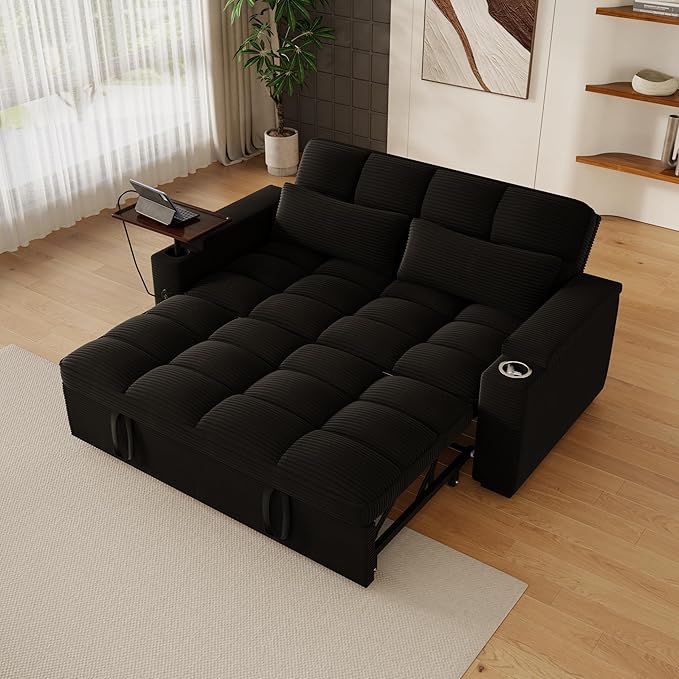 65" Sofa Bed, Loveseat 3-in-1 Sleeper Sofa with Pull Out Bed, 360° Swivel Side Table and USB, 2 Seater Convertible Small Couch for Living Room Apartment (Black, Corduroy)
