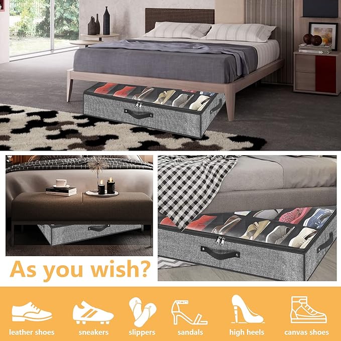 homyfort Under Bed Shoe Storage Organizer Fits 12 Pairs- Underbed Shoe Container Solution Shoes Box Bins with Clear Window for Sneakers,High Heels,Flip Flop(Black)
