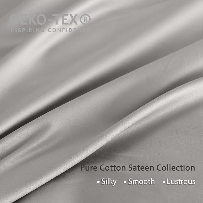 HeimenAogo Egyptian Cotton Duvet Cover Queen Size Sateen Weave, Silky Soft and Breathable Bedding Set with Zipper Closure, Long Staple Cotton Bed Linen Moonlight Grey 3Pcs (90"×90")