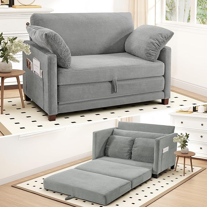 51" Convertible Loveseat Sofa Bed, 2-in-1 Folding Sofa Bed with 2 Pillow for Small Spaces, Modern Loveseat Sleeper Couch for Apartment, Living Room & Guest Room (Light Grey Corduroy, 51 inch)