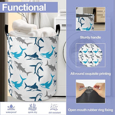 Cute Blue White Shark Laundry Hamper Large Canvas Fabric Lightweight Storage Basket/Dirty Clothes Collapsible Waterproof for College Dorms, Boys and Girls Bedroom,Bathroom