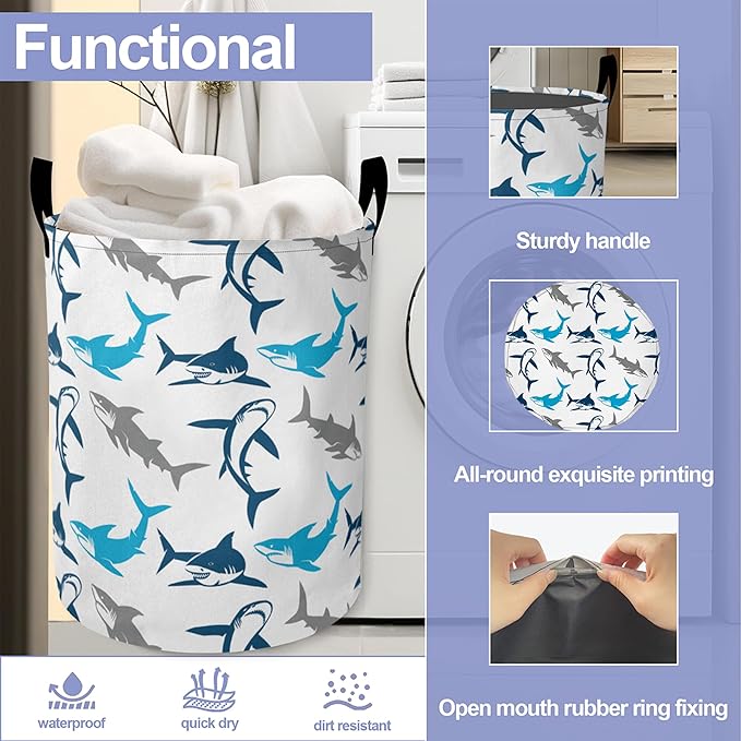 Cute Blue White Shark Laundry Hamper Large Canvas Fabric Lightweight Storage Basket/Dirty Clothes Collapsible Waterproof for College Dorms, Boys and Girls Bedroom,Bathroom