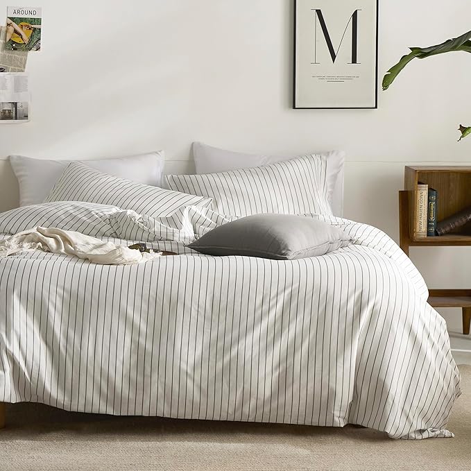 JELLYMONI Striped Duvet Cover Set - King Size 100% Cotton - 3PCS White & Grey Vertical Stripes Bedding - Hidden Zipper Closure & 8 Corner Ties - Breathable Comforter Cover for Bedroom