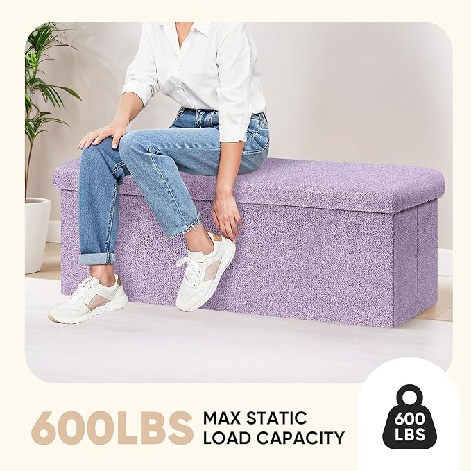 PINPLUS Folding Storage Ottoman Bench, Sherpa Ottoman with Storage, Large Long Shoes Bench Chest with Lid, Footrest for Living Room, Entryway, Purple 43'' x 15'' x 15''