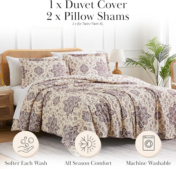 Southshore Fine Living, Inc. Persian Print Queen Size Duvet Cover Set, – Easy Care Full/Queen Bedding – Includes 1 Duvet Cover and 2 Pillow Shams, Machine Washable, Persia Purple