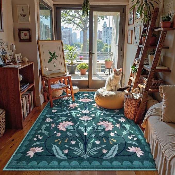 Lahome Boho Floral Washable Dark Teal 5x7 Area Rugs for Living Room, Non Slip Rugs for Bedroom, Indoor Ultra-Thin Throw Dining Room Carpet for Under Table Entryway Kitchen Dorm(Dark Teal,5x7)