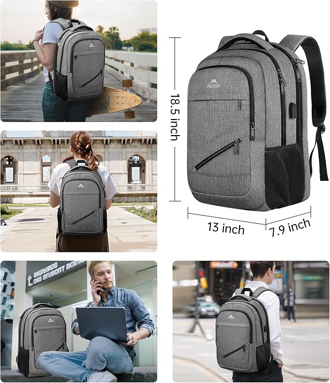 MATEIN Travel Laptop Backpack, 17 Inch Work TSA Approved Carry on Backpack, Large Computer Business Bag for Men Women with USB Port and Trolley Sleeve, College School Rucksack Book Bag, Grey