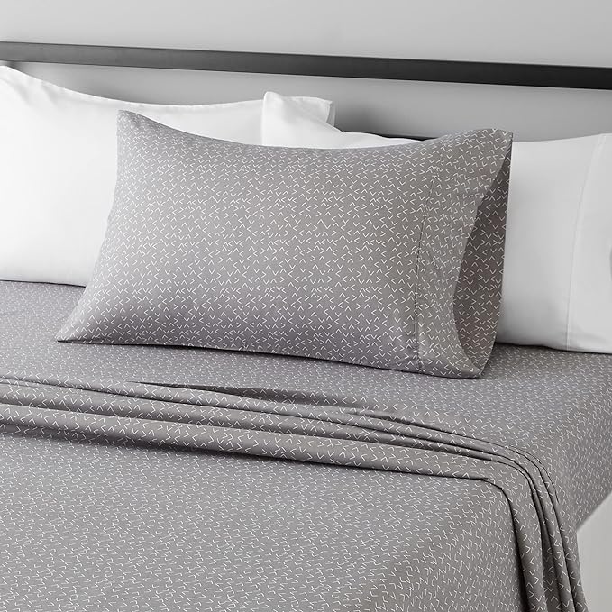 Amazon Basics Lightweight Super Soft Easy Care Wrinkle Free Microfiber 3 Piece Bed Sheet Set with 14-Inch Deep Pockets, Twin, Gray Arrows, Printed, Kids, Men & Women Bedding