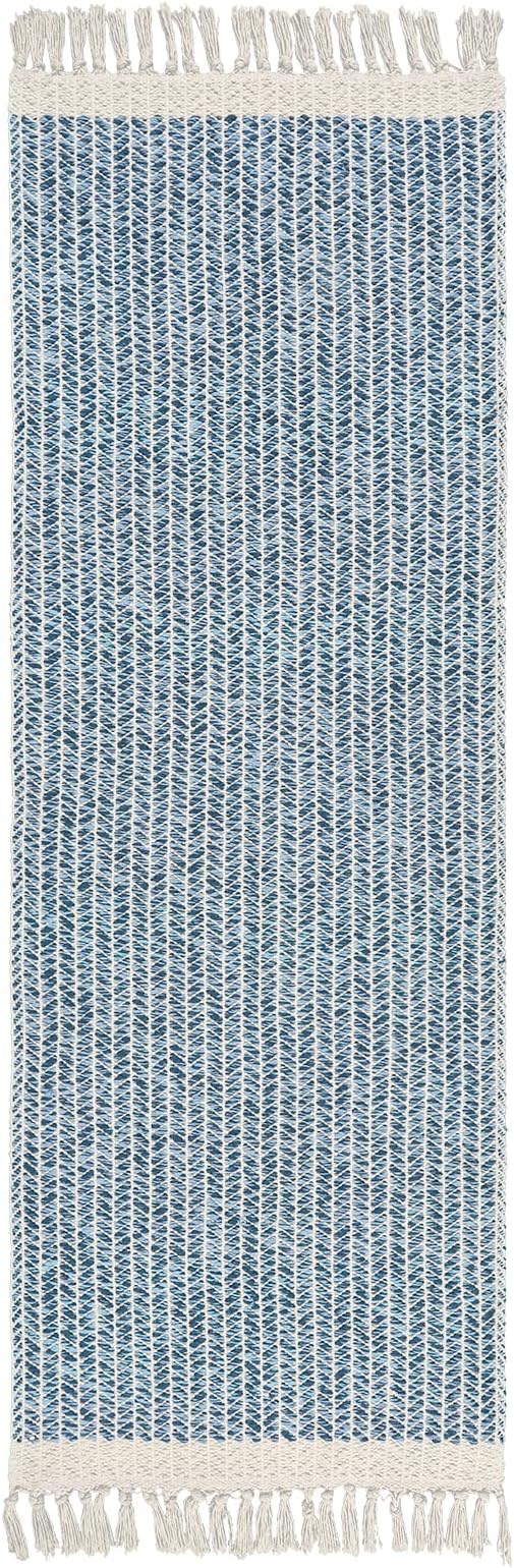 Lahome Boho Kitchen Runner Rugs, 2x6 Laundry Room Rug Lightweight Bathroom Runner Woven Cotton Throw Mat with Tassels, Farmhouse Washable Blue Rug Low Pile Runners for Hallways Entry