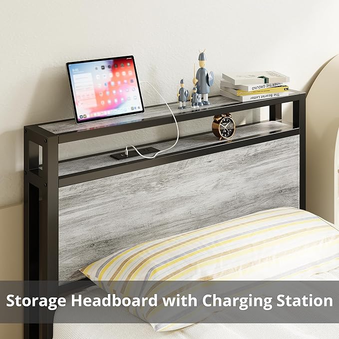 LIKIMIO Twin XL Bed Frames with Drawer, Storage Headboard with Outlets, No Box Spring Needed, Easy Assembly, Industrial Gray