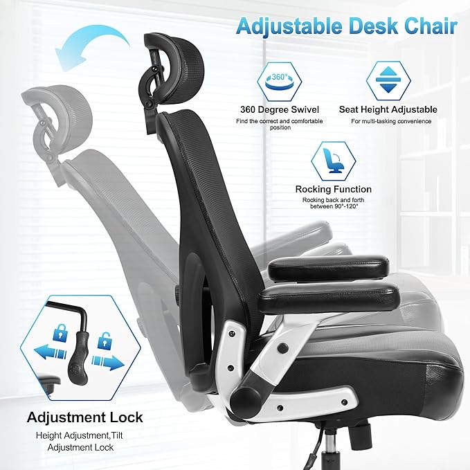 Super Big and Tall Office Chair 600lbs- Heavy Duty Executive Computer Chair with Rubber Wheels 3D Flip Arms, Ergonomic Mesh High Back Desk Chair, Extra Wide Seat Adjustable Lumbar Support&Headrest