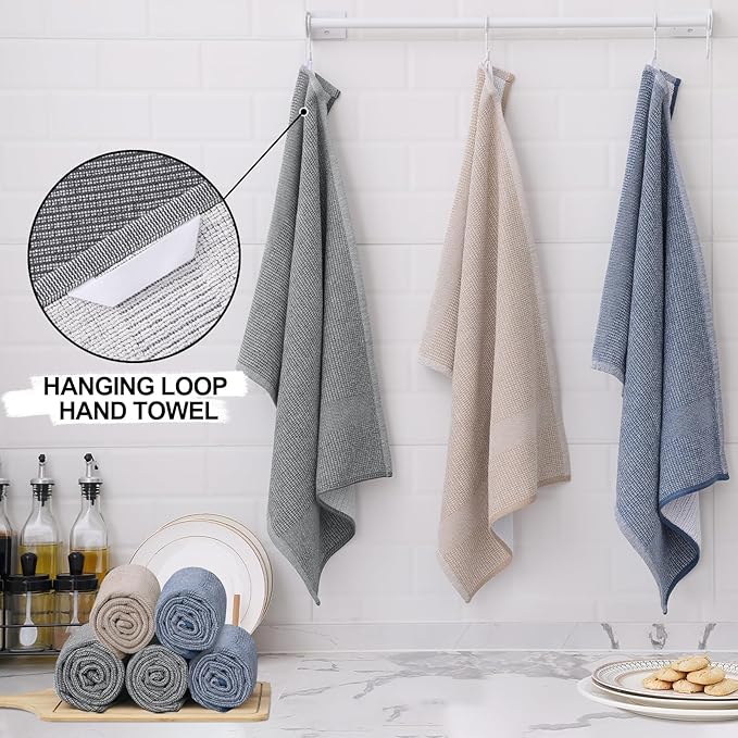Homaxy Premium Kitchen Towels(18”x 28”, 12 Pack), Large Cotton Kitchen Hand Towels, Flat and Terry Dish Towels, 380 GSM Highly Absorbent Tea Towel Set with Hanging Loop, Grey/Khaki/Black