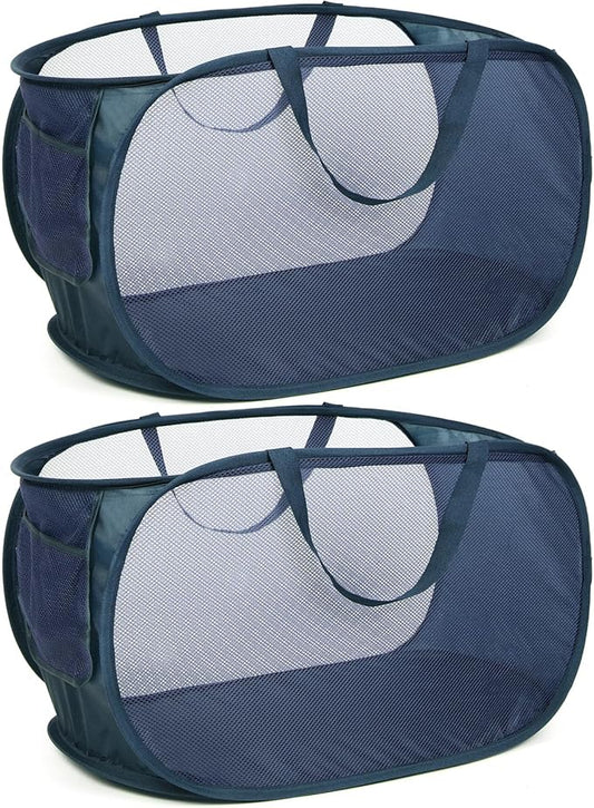 Durable Collapsible Laundry Baskets, Mesh Pop Up Laundry Hamper with Side Pocket, Foldable Clothes Hamper with Reinforced Carry Handles for Laundry, Bathroom, Kids Room, Dorm, Travel 2 Pack Navy Blue