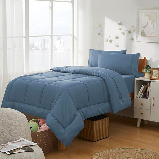 Dorm Room Essentials College Bedding Comforter Set 5 Piece Twin Size Bed in a Bag for College Students Boys and Girls, Twin, Denim Blue