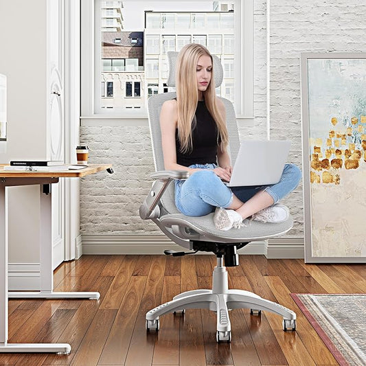 GABRYLLY Ergonomic Office Chair, High Back Home Desk Chair with Headrest, Flip-Up Arms, 90-120° Tilt Lock and Wide Cushion, 400LBS Mesh Chairs for Man Woman, White Task Chair(Grey,GY01WG)