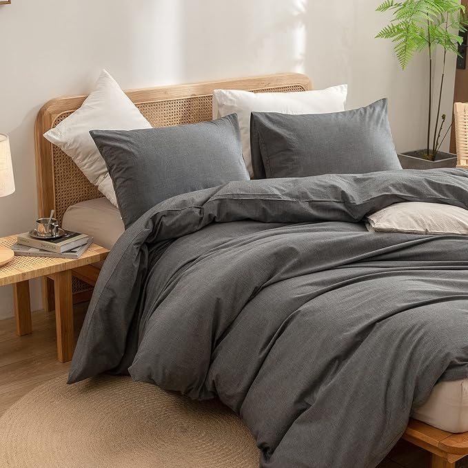 BESTOUCH Duvet Cover Set 100% Washed Cotton Linen Feel Super Soft Comfortable Chic Lightweight 3 PCs Home Bedding Set Solid Dark Grey King