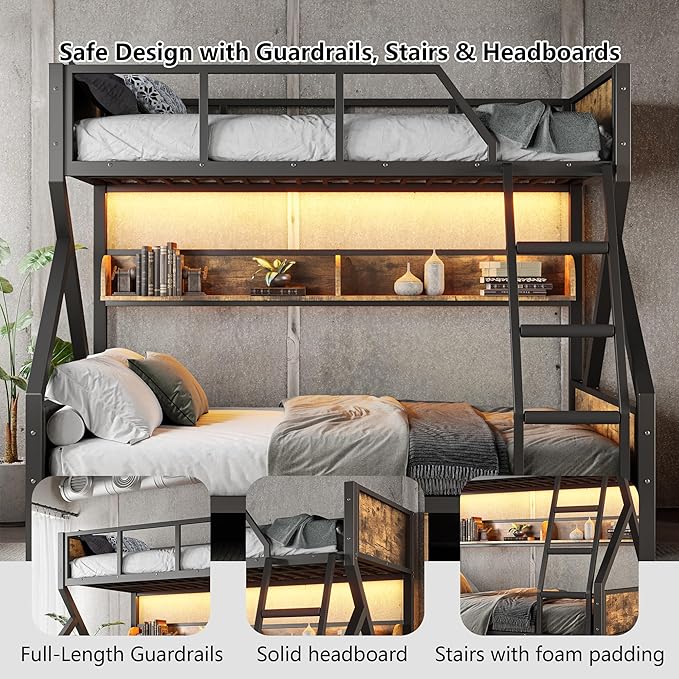 Twin over Full Bunk Bed with Storage Shelves, Metal Bunk Beds with Ladders and Lights, Heavy-duty Bunkbed for Bedrooms, Guest Rooms and Dorms, No Box Spring Needed and Noise-free Design, Woodgrain