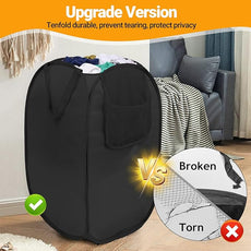 Pop Up Laundry Hamper with Side Pockets, Foldable Laundry Basket Reinforced, Privacy Protection Collapsible Basket, Sturdy and Lightweight Clothes Hamper for Dorm, Bedrooms, Bathrooms, Travel black