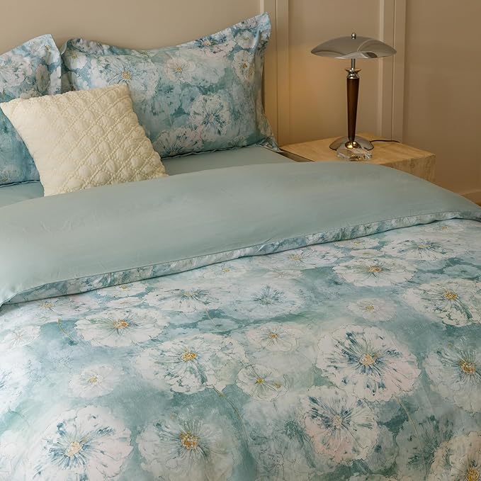 HeimenAogo Egyptian Cotton Duvet Cover King Sateen Weave, Silky Soft Duvet Cover with Zipper Closure, Long Staple Cotton Comforter Cover Watercolor Floral 3 Pcs