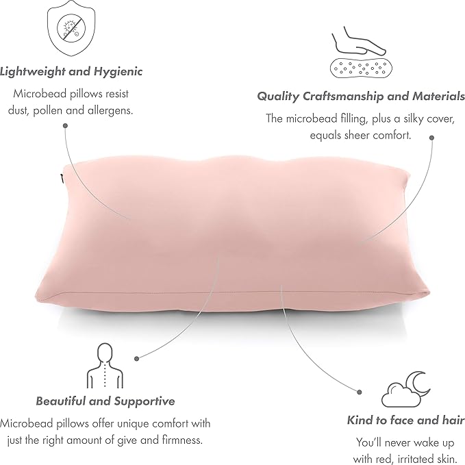 PILLOWY Premium Microbead Bed Pillow, Small Extra Fluffy But Supportive - Ultra Comfortable Sleep with Silk Like Anti Aging Cover 85% Spandex/ 15% Nylon Breathable, Cooling Cream Peach