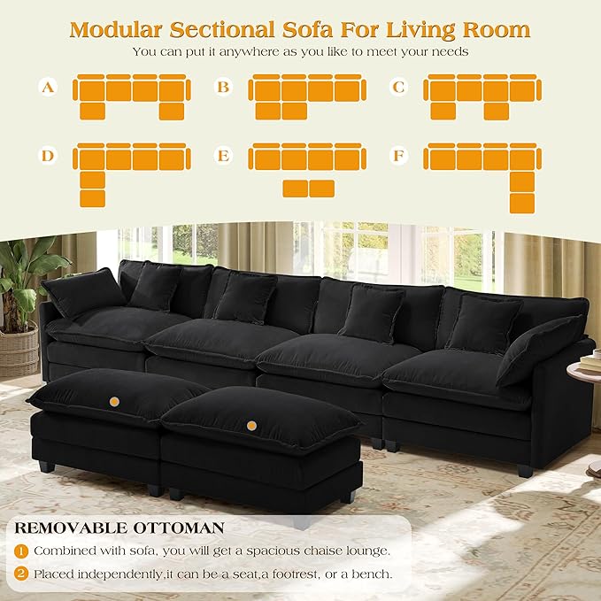 149.2" Modular Sectional Sofa,U Shaped Couch for Living Room,Modern Deep Seat Sofa 3 Seater Chenille Fabric Comfy Cloud Couches with Throw Pillows & Movable Ottoman