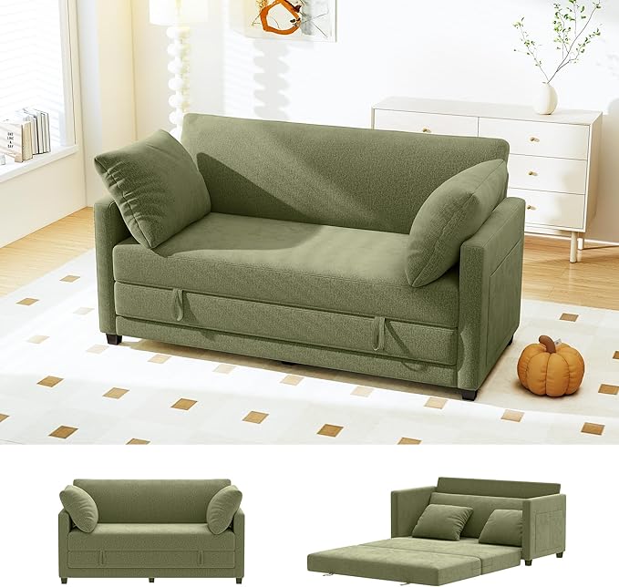 65" Convertible Loveseat Sofa Bed, 2 in1 Folding Sofa Bed, Loveseat Sleeper Sofa for Small Spaces, Fold Out Floor Couch with 2 Pillows for Apartment, Office & Guest Room (Green Chenille, 65 inch)