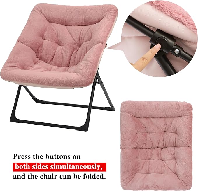Comfy Saucer Chair for Adults, Soft Faux Fur Bedroom Chair with Ottoman, Accent Dorm Chairs, Living Room Reading Chairs and Footstool, Folding Lounge Seat for Teens, X-Large, Dusky Pink