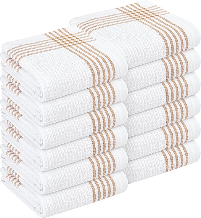 Brown and White Cotton Kitchen Towels 12 Pack, Waffle Weave, 16x26 Inch, Super Absorbent, Reversible, Quick Dry Dishcloths for Drying Dishes, Cleaning, Reusable, Everyday Use