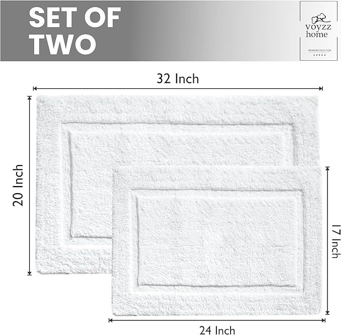 voyzz home Set of 2, Cotton Bathroom Bath Mat Rug White, 20"x32" & 17" x24 INCH Extra Soft, Non-Slip, Super Water Absorbent and Machine Washable for Bathroom, Floor, Tub & Shower